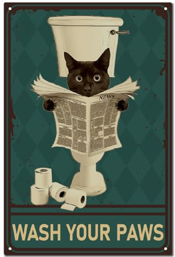 CREATCABIN Blechschild Schwarze Katze Vintage-Metallschild,Poster,Retro-Gemälde,Schild Eisen,Wanddekoration,Kunstwandbild,Aufhängen als Geschenk Für Drinnen Draußen,Zuhause,30x20cm,Wasch Deine Pfoten