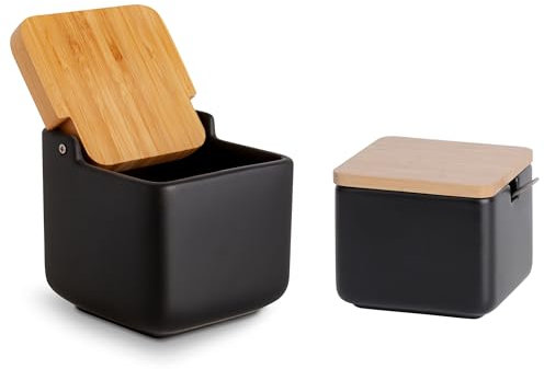 KOOK TIME Set 2 accessori cucina - include 1x barattolo porta sale grosso e fino e 1x Zuccheriera Formaggiera quadrato e cucchiaino- per Zucchero, Formaggio, spezie - Ceramica e bambù - Nero
