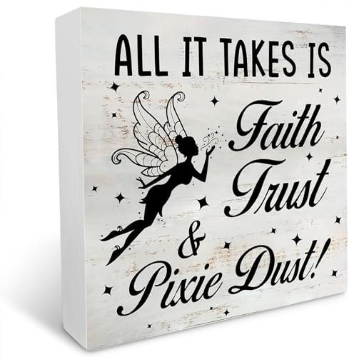 Holzkastenschild mit inspirierendem Zitat All It Takes is Faith Trust & Pixie Dust, rustikale Holzkiste, Schild, Bauernhaus, Zuhause, Büro, Schreibtisch, Regal-Dekor (12,7 x 12,7 cm)