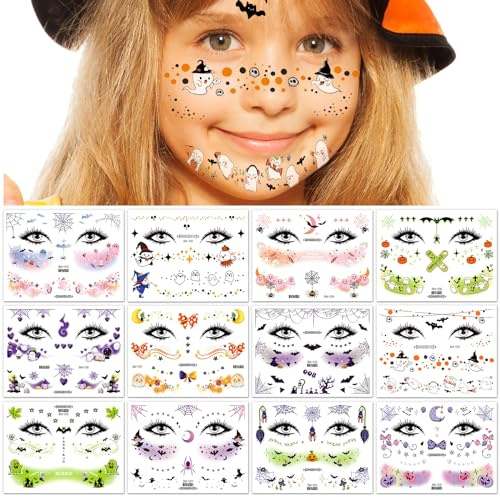 HOWAF Halloween Tattoo Gesicht Kinder, 12 Blätter Halloween Tattoos für Kinder Deko Hexen Spinnen Kürbis Aufkleber Kindertattoos Halloween Sticker