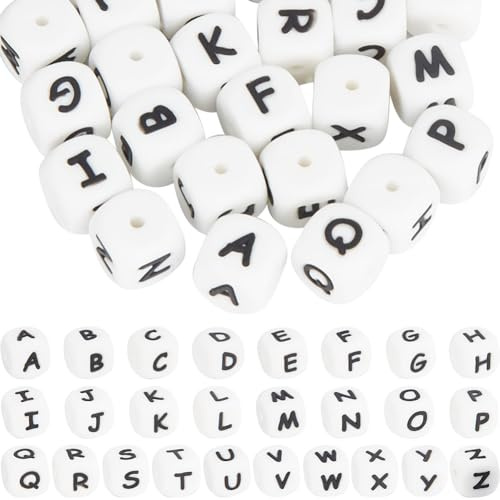SUNNYCLUE 1 boîte de 52 Perles de Lettres de 12x12 mm en Vrac en Silicone avec Lettres Majuscules de L'Alphabet AZ Cube Perles Blanches pour la Fabrication de Bijoux Perles Stylos à Perles Artisana
