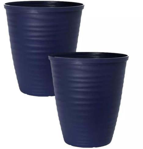 Fyne-Finds Set of 2 Dark Blue Plastic Dune Rim Plant Pot 33cm, 13inch Tall 17L Garden Outdoor Patio Decor Planter with Drainage Holes