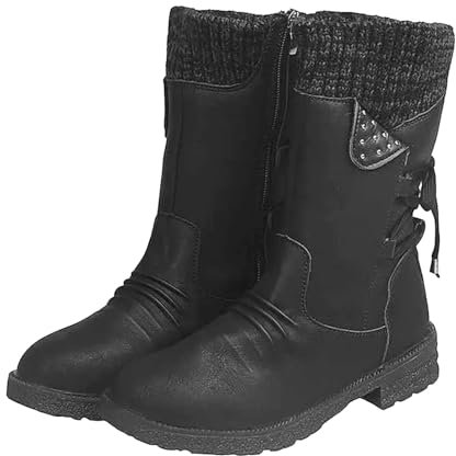Stivali occidentali da donna in pelle, con lacci, da cowboy, con chiusura lampo, da equitazione, da donna, invernali, da lavoro, da lavoro, Nero , 37