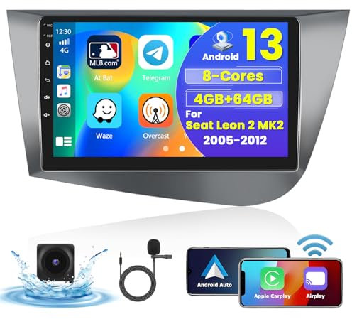 [8-Core/4+64G]Hikity Android 15 Radio Coche para Seat Leon 2 MK2 2005-2012, 9 IPS Pantalla Táctil GPS Inalámbrico Carplay Android Auto 2 DIN Radio Coche 59UI GPS BT FM WIFI RDS DSP SWC Cámara Trasera