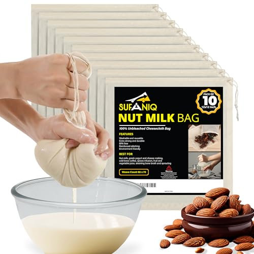 Nut Milk Bag - 10 Pack (12 x 12 Inches) 100% Unbleached Cotton Cheese Cloth for Straining, Premium Quality Reusable Nut Bag Strainer for Almond, Soy, Oat Milk, Juices, Cheese Making