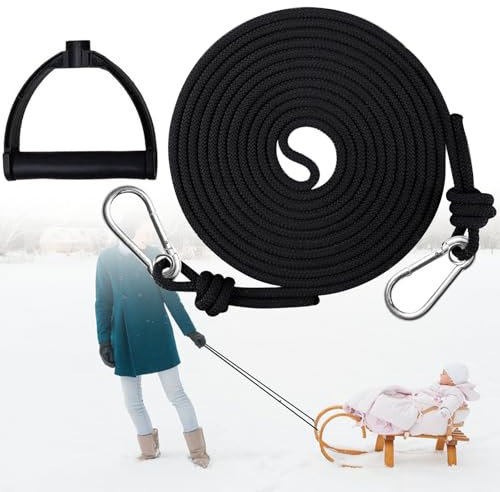 Schlittenseil Zugseil 4m mit Karabiner,Kunststoff Griff,Nylon Schlittenleine für Schlitten Kinder (Schwarz)