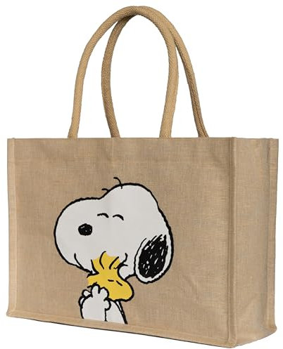Kanguru Tote Bag Damen mit Snoopy Design, Grosse Shopper Tasche in Baumwoll - Jute mix mit Henkel und schwarzer Fütterung, Stilvoll, Elegant, Ästhetisch und Robust, als Einkaufskorb bedruckt Peanuts
