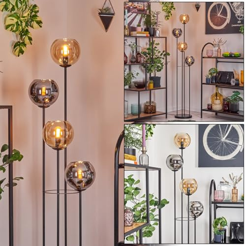 HOFSTEIN Stehleuchte Koyoto, Stehlampe aus Metall/Glas in Schwarz/Bernstein/Chrom/Rauch, Leuchte im Retro/Vintage-Design (Ø 15 cm), Fußschalter, 147 cm, E14, Wohnzimmer, Schlafzimmer, Flur, Büro