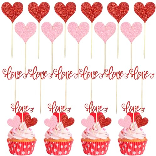 Dmnnlp 24 Stücke Valentinstag Cupcake Topper, Glitzer Herzen Cupcake Deko, Zahnstocher Flaggen Dekorative Zahnstocher für Valentinstag Geburtstag Hochzeit Party Kuchen Deko (Rot Rosa)