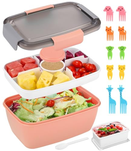 Lunchbox Erwachsene,Lunchbox mit Unterteilung Fächern,Salat Box to go mit Gabel,Zahnstocher für Kinder,Auslaufsicher, Mikrowellengeeignet 2000 ml,Bento Box für Schule/Arbeit/Picknick Reisen(Rosa)