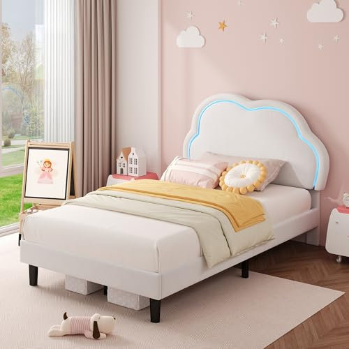 Merax Single Bed Frame, 3ft Single Upholstered Bed with LED-Lighting, Velvet Bed Frame with Adjustable Cute Cloud Headboard, Solid Wood Slat, Cream White/90x190cm (No Mattress)