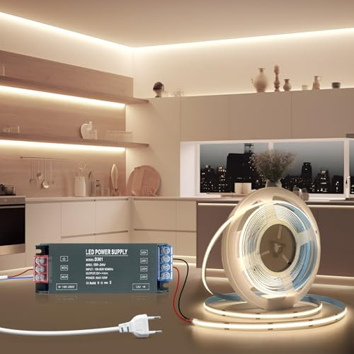 BRIMETI LED Streifen Strip 5M COB Selbstklebend 24V Neutralweiß Flexibel 8mm Breite, Band Licht DIY Leiste 320LEDs/M 4000K, mit LED Trafo 24V 100W und 1 Meter Stecker Netzkabel, für TV, Schlafzimmer