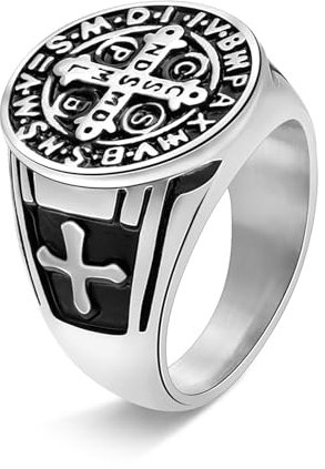 Amaxer Sankt Benedikt von Nursia Siegelring für Manner St. Benedikt Exorzismus katholischen romischen Kreuz religiosen Schutz Edelstahlring (Silber, 20mm)