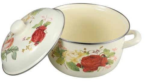 Emaille Kochtopf 20cm Tragbarer Suppentopf für Induktions und Gasherde Vintage Eintopftopf mit Deckel Doppelgriffig Hochtemperaturbeständig
