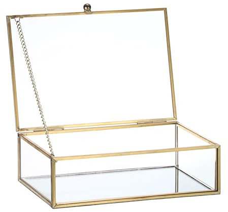 SUMTree Boîte à bijoux en verre doré avec couvercle en laiton - Rectangulaire - Vintage - Décoration d'intérieur - Vitrine - Pour bagues, colliers, bracelets, boucles d'oreilles - Cadeau pour femme