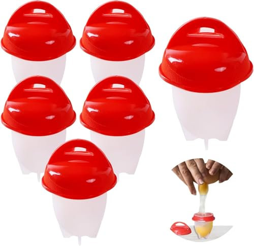 6 coppette in silicone per uova in camicia, riutilizzabili, antiaderenti, per cuocere a vapore bollente perfette (rosso, 15 x 10 x 10 cm)