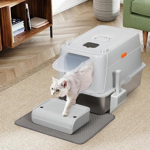 BAKAJI Lettiera per Gatti XXL con Base in Acciaio da 35 Litri e Pedana Anti Sabbiolina, Filtro al Carbone Anti Odore, Sportellino Trasparente, Paletta con Contenitore, Tappetino Antisporco 60x40x39 cm