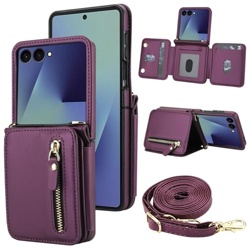 XIZYO Zipper Pocket Leather Case for Samsung Galaxy Z Flip 7, Dark Purple | with Crossbody Lanyard Strap, Wallet Cover with Card Holder, Magnetic Clasp, Kickstand Function, Sturdy Shockproof