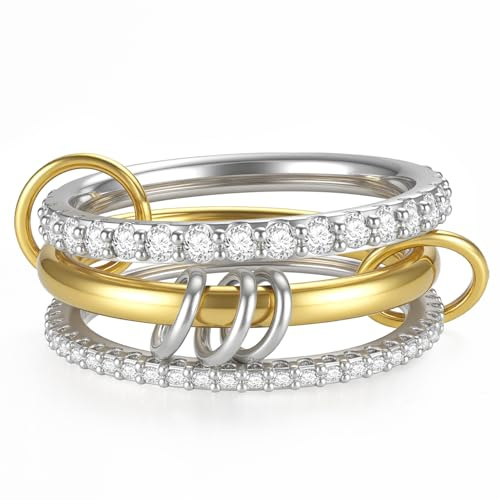 Emibele Stapelbare Ringe für Frauen, Multi-Link Verbunden Gold Silber Ringe für Frauen Nicht Anlaufen, Interlocking Metall Stapelbar Bands, Schmuck Geschenk für Geliebte Menschen, Größe 6-10