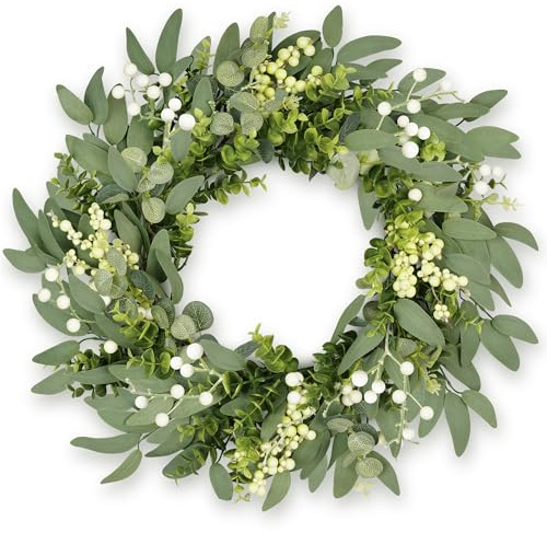 Petalyn 20 Inch/50 cm Eucalyptus Wreath for Front Door, Lifelike Artificial Spring Summer Green Wreath with Berries and Boxwood, Indoor Outdoor Wreath for Wall, Window, Fireplace, Farmhouse Decor