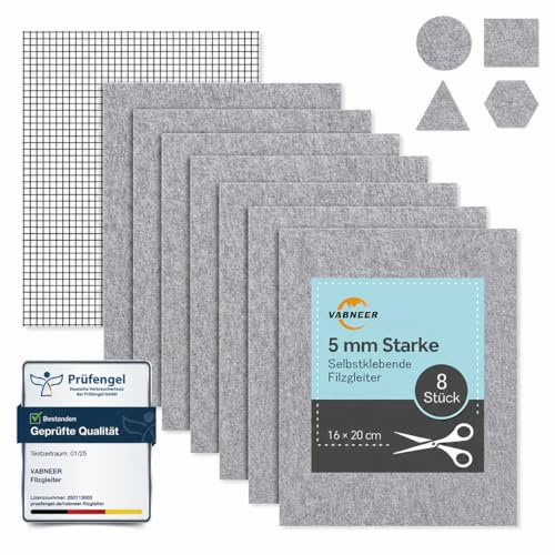 8 Filzgleiter Selbstklebend, 16 × 20 cm, 5 mm Nadelfilz, Grau | Zuschneidbarer Bodenschutz für Stühle und Möbel, geräuschdämpfend auf Parkett, Laminat und Fliesen
