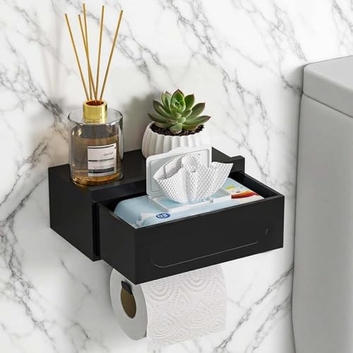 CHARMNAIL Portarotolo Carta Igienica Adesivo con Portata 10 kg e Ripiano, Con Cassetto per Bagno, Cucina (20x12.5x8.8cm) Nero