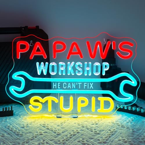 NOXET Papaw's Garage Neon Schild Werkstatt Neon Sign Check Engine Led Schild Auto Led Wanddeko Buntes Garage Leuchtreklame für Wanddekoration Autoreparaturen Neon Lampe für Autowerkstatt Männerhöhle
