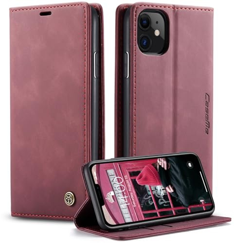 Ottcooed Cover per iPhone 11 Custodia, Cover Pellicola a Libro Portafoglio in Pelle Porta Carte Protettiva Slot per Scheda Flip Case con iPhone 11, Rosso vino