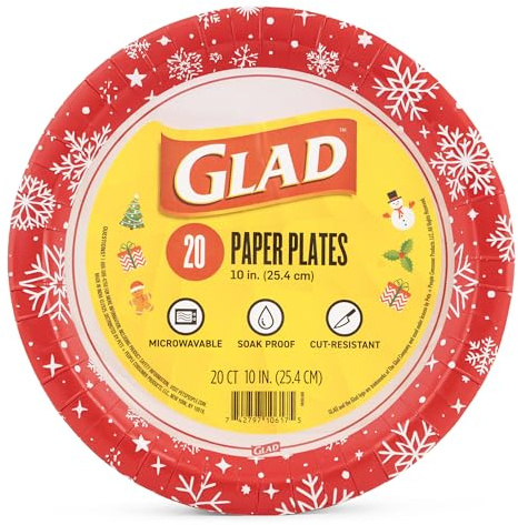 Glad Everyday Disposable Paper Plates with Holiday Red Snowflake Holiday Design - Heavy Duty Paper Plates, Microwavable Plate for Everyday Use - 10 Inch, 20 Count
