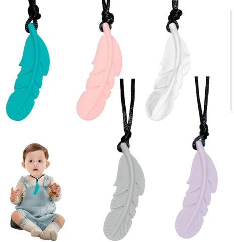 UIEXAY Kaukette für Kinder, 5 Stück Sensory Beißkette aus Silikon, Autismus Spielzeug für Jungen und Mädchen, Perfekt für Kinder, Zahnen, Beißende, Fingernägel Kauen (Federform)
