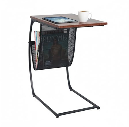 Relaxdays side table with magazine holder, HxWxD: 64x51x35 cm, MDF, metal, C-shape, industrial style, brown/black