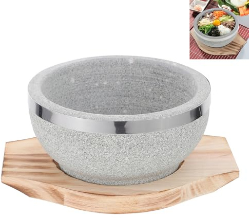 Ciotola in Gres Coreana Atmosfera Natalizia per Bibimbap, Zuppa e Riso | Base in Legno, Pietra per Calore Lento, Uso su Fiamma Aperta, Protegge Tavolo