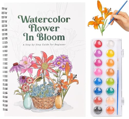 Cahier Aquarelle pour Adulte,15 Fleurs motifs en pas-à-pas aux débutants,16 Couleurs Cahier D'exercices D'aquarelle pour Débutants,livre de peinture à l'aquarelle pour femmes