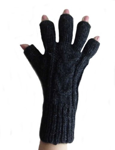 Alpacaandmore Fingerfreie Gestrickte Handschuhe Alpakawolle Arbeitshandschuhe (Schwarz)