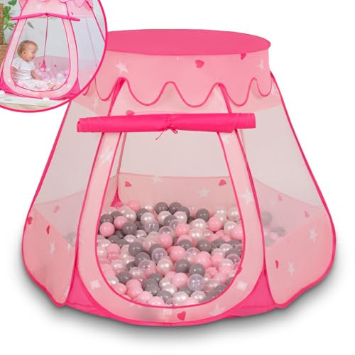 Selonis Baby Spielzelt Mit Plastikbällen Zelt 105X90cm/300 Bälle Plastikkugel Kinder, Pink:Perle-Grau-Transparent-Puderrosa