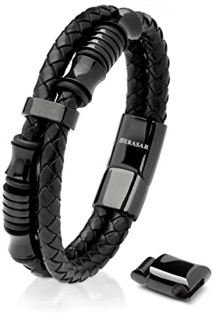 SERASAR Lederarmband Herren Schwarz 23cm - Armband Herren Männer-Armband Leder-Armreif Herren-Lederband Herrenschmuck Armkette Flecht-Armband Leder-Wickelarmband Leder-Kette Men Leather Bracelet Ihn