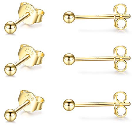 CERSLIMO 3 Paar 2mm 14K Gold Ohrstecker für Damen, 925 Sterlingsilber Klein Roségold 14k Gold Ball Ohrringe Stecker Set für Mädchen Männer Unisex Schlafen Knorpel Schmuck Geschenk