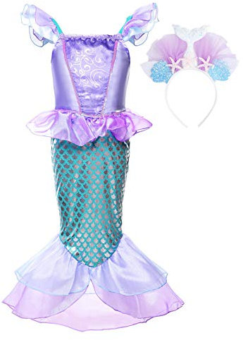 JerrisApparel Mädchen Prinzessin Meerjungfrau Kostüm Halloween Party Kleid (Lila mit Stirnband, 140)