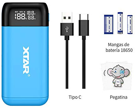18650 Cargador de batería rápido XTAR PB2S Tipo-C Cargador de batería portátil de Doble función con función USB C para 18650 18700 20700 21700 Carga para baterías de Linterna 18650