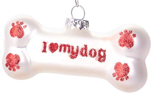 BRUBAKER Knochen I Love My Dog - Handbemalte Weihnachtskugel aus Glas - Mundgeblasener Christbaumschmuck Figuren lustig Deko Anhänger Baumkugel - 9.5 cm