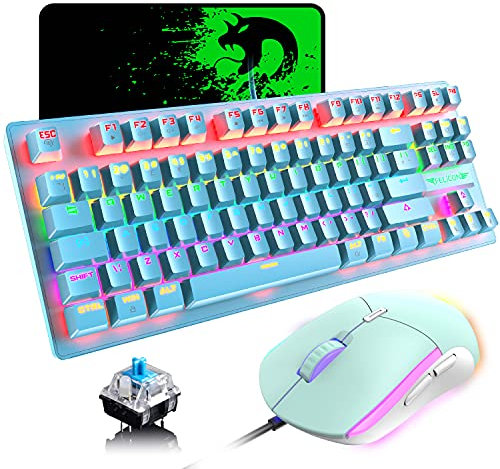 K2 UK Layout Gaming Keyboard and Mouse Set, TKL 80% Percent Wired Mechanical Keyboard 88 Keys Clicky Optical Blue Switch Rainbow Backlit + Lightweight PS4 Gaming Mice + Mouse Pad For PC/MAC (Blue)