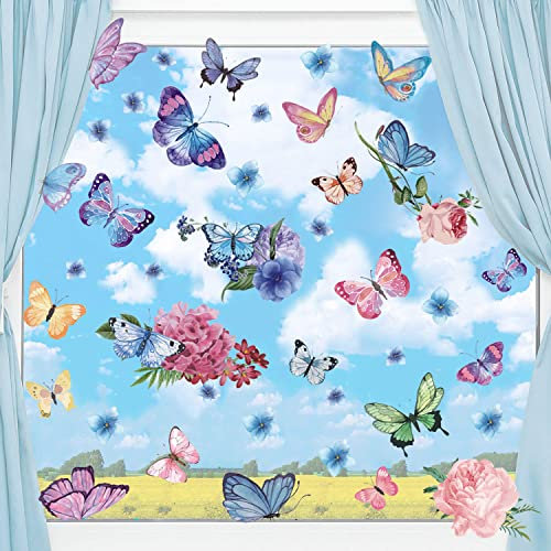 KAIRNE 33 Stück Schmetterling Fensteraufkleber,Blumen Wandtattoo,Rose Pfingstrose Fensterbild Kinderzimmer Mädchen,Schmetterling Fensterdeko Tiere Wandsticker für Wohnzimmer Schlafzimmer Frühling Deko