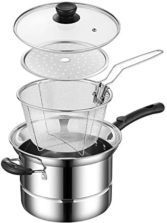 New 20cm 3pc Stainless Steel Chip Pan Fryer Induction with Wire Basket Glass Lid
