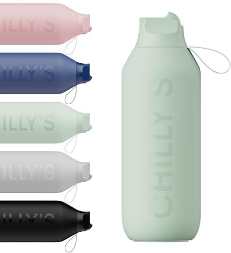 Chilly's Series 2 Flip Water Bottle with Sports Flip Lid, Telescopic Straw and Nylon Carry Loop - Easy Flip Lid, Straw Cleaning Brush Included - 500ml - Lichen Green