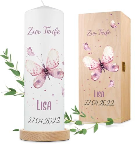 GRAVURZEILE Bedruckte Kerze - Taufkerze Schmetterling V2 - brilliant bedruckte Kerze zur Taufe - Personalisiertes Taufgeschenk für Mädchen & Jungen - Hochwertige Stumpenkerze 250/80 mm - Farbe: Rosa