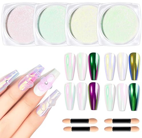 BISHENGYF 4 Stück Pearl Chrome Puder, Aurora High Gloss Powder, Nail Glitter Dust mit magischem Glanzeffekt für Nail Art Design Dekoration