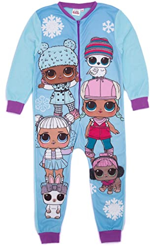 LOL Surprise! Girls Onesie in Blue | All In One Fleece Pyjama Loungewear | Winter Snowflakes Fun Dolls Kids PJs Sleepsuit Nightwear | Fashion Pajama Bodysuit Romper Merchandise Gift for Children