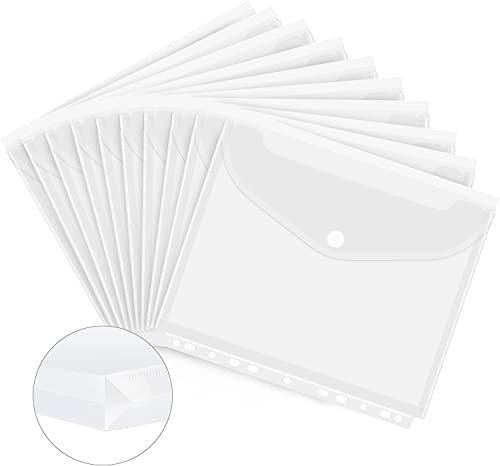 15Stück Dokumententasche A4,Taschen mit Klett-Verschluss,A4 Sichttasche Dokumenten Sammelmappen Tasche mit 11 Lochrand und Etikettentasche für Dokument Organisieren(Weiß(15Stück))