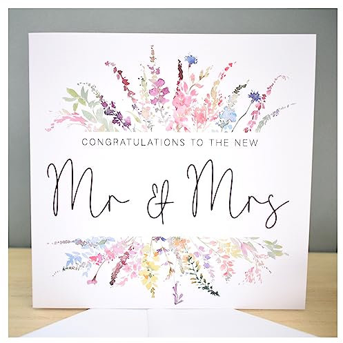 To the New Mr & Mrs Card | Wedding Day Congrats Card | Card Husband Wife | Rainbow Florals | 148mm Square Modern Greeting Card