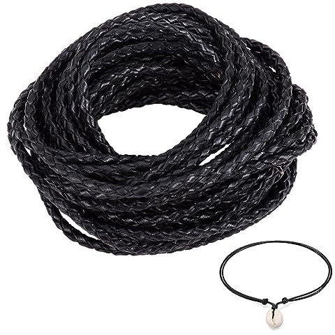 LIANCHEN 10 Meter 3mm geflochtene Lederschnur PU Geflochtene Lederkordel Vintage Geflochtenes Lederband Kein Farbverlust Rund für Armbänder Schlüsselanhänger Halsketten Hundehalsbänder DIY (Schwarz)
